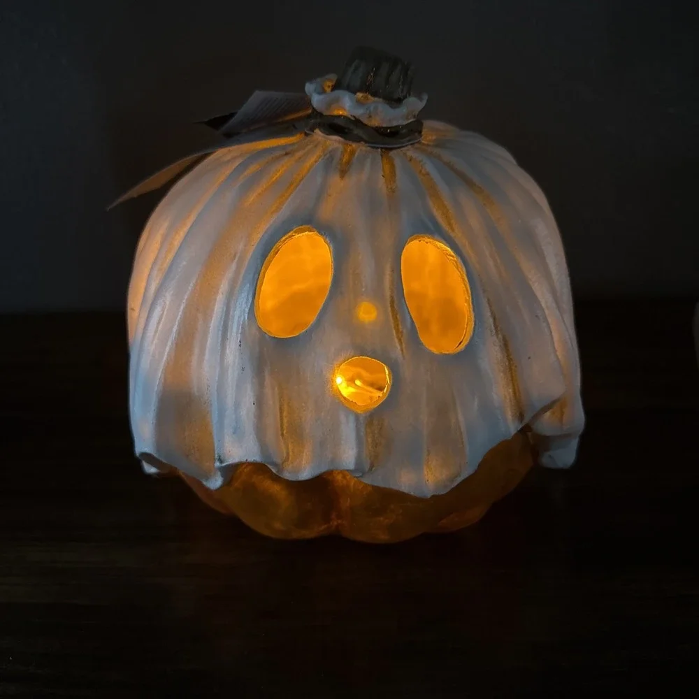 New Toil & Trouble Halloween Pumpkin With Ghost Mask  LED Light Up Larger One
